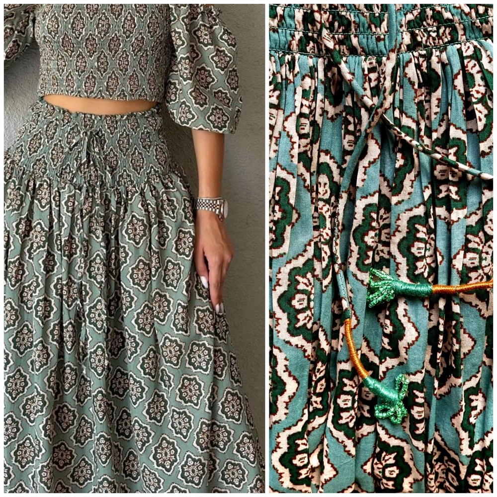 Zara Boho Drawstring Smock Waist Medallion Printed Maxi Skirt In Green S NWT - Picture 2 of 15